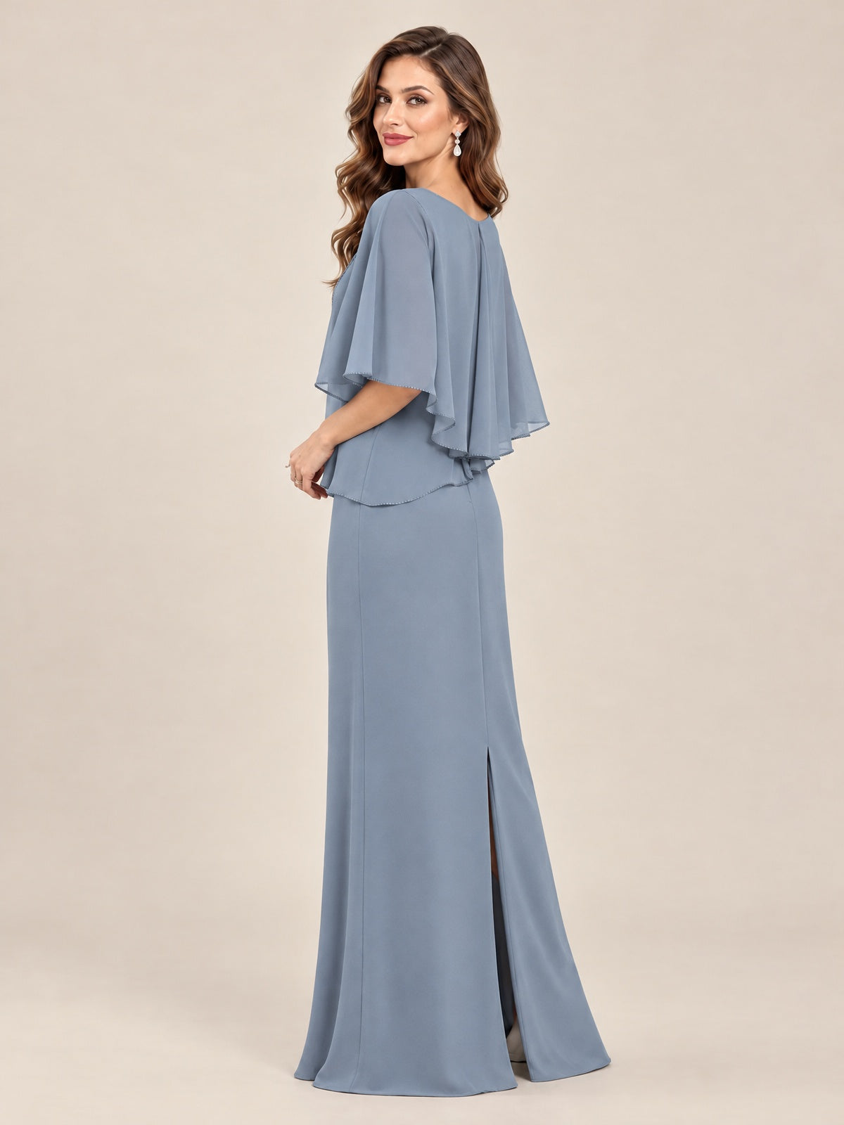 Cape Sleeve Mother of the Bride Dress with Asymmetrical Overlay