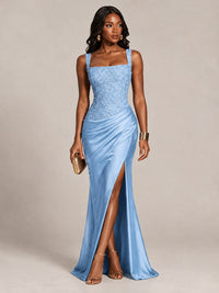 Scoop Neck Sequin Prom Dress with High Slit Satin Formal Gowns