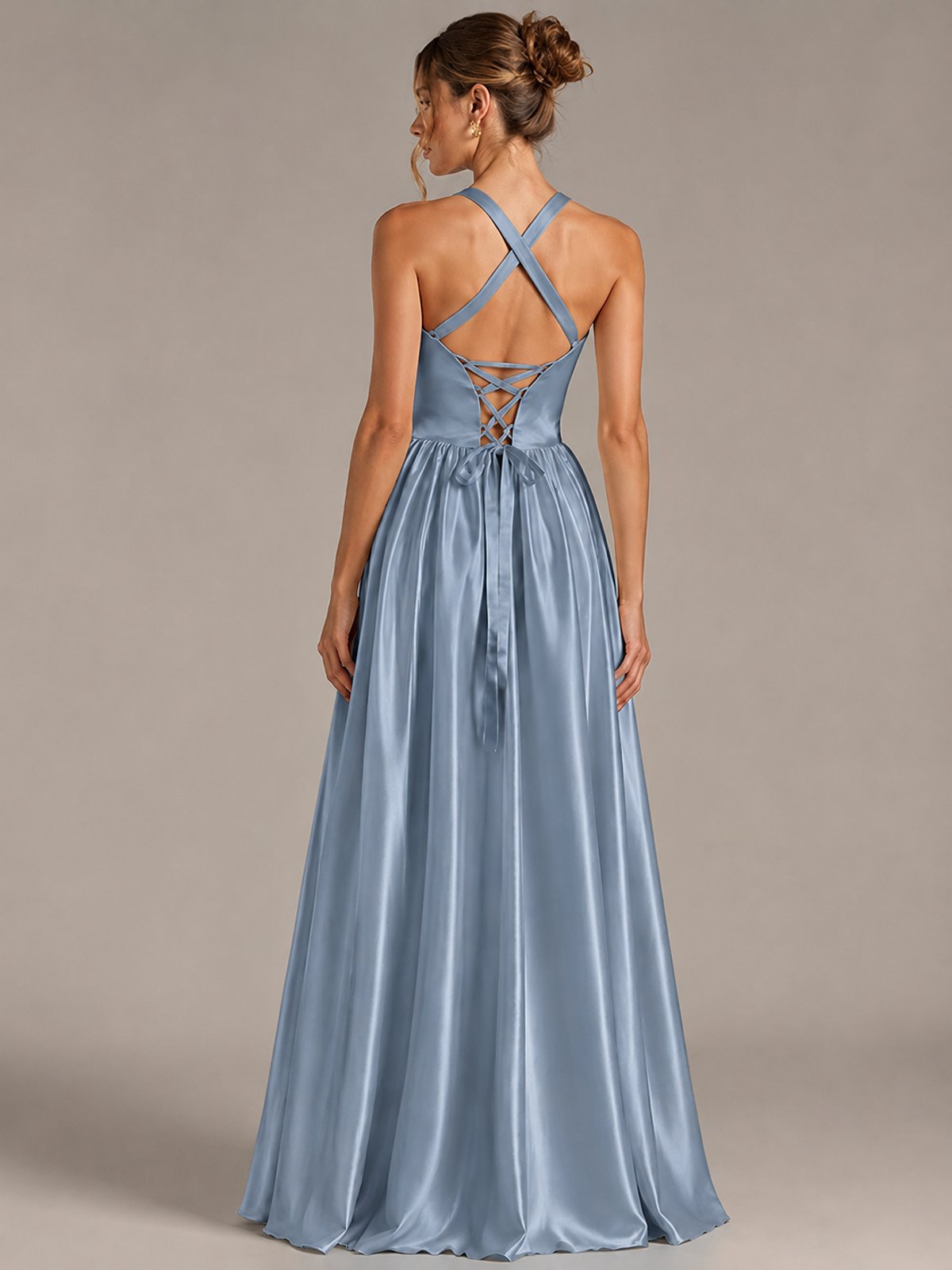 Light Yellow Halter Neck Satin A-Line Maxi Dress with Pockets