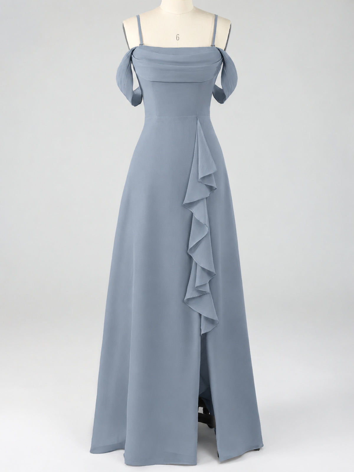 Spaghetti Strap Chiffon Bridesmaid Dress with Ruffles Slit