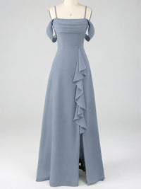 Spaghetti Strap Chiffon Bridesmaid Dress with Ruffles Slit
