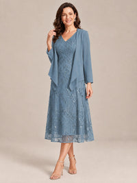 Tea Length Sequin Lace Mother of the Bride Dress with Chiffon Jacket