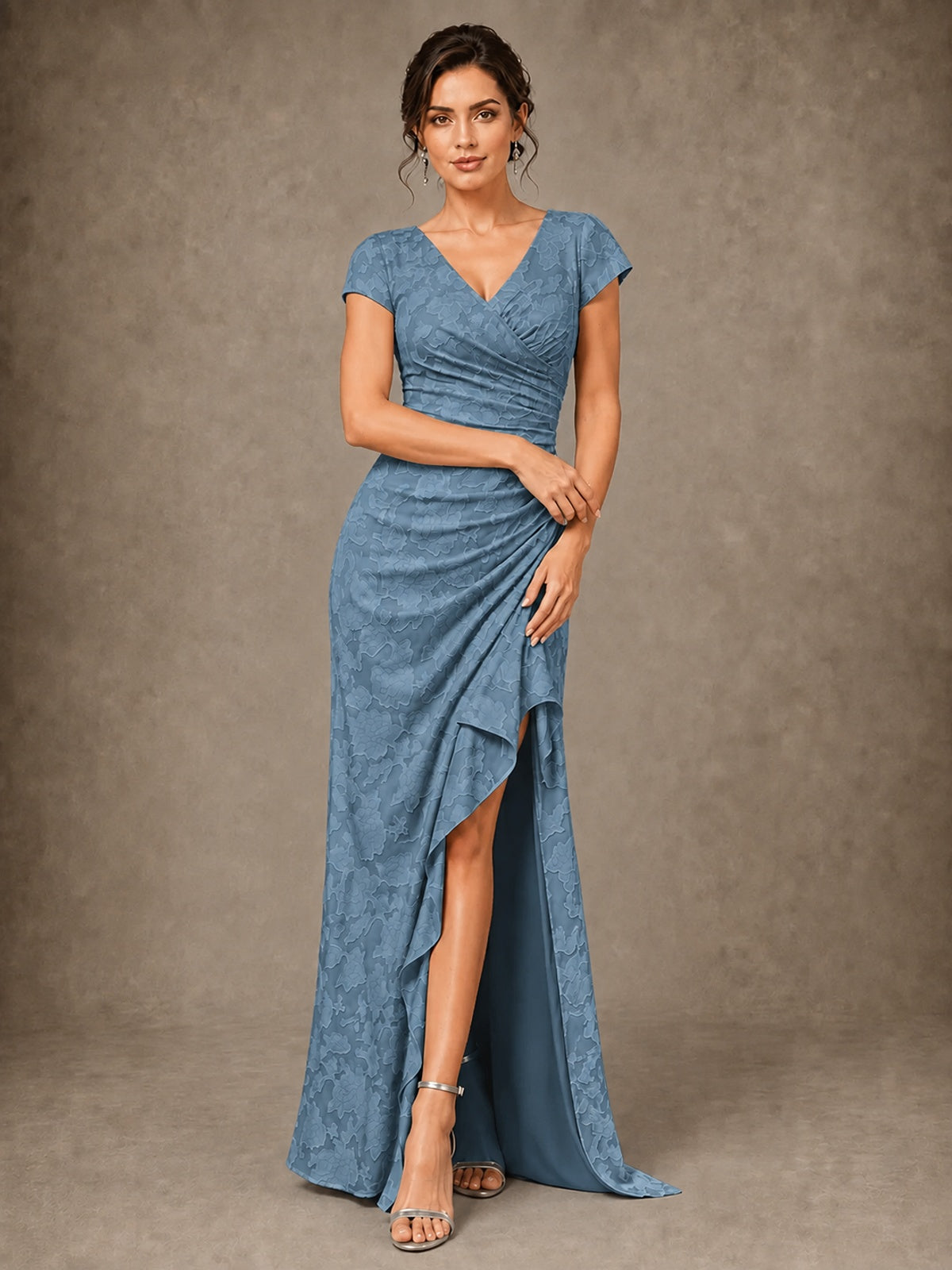V-Neck Floral Jacquard Mother of the Bride Dress with Slit