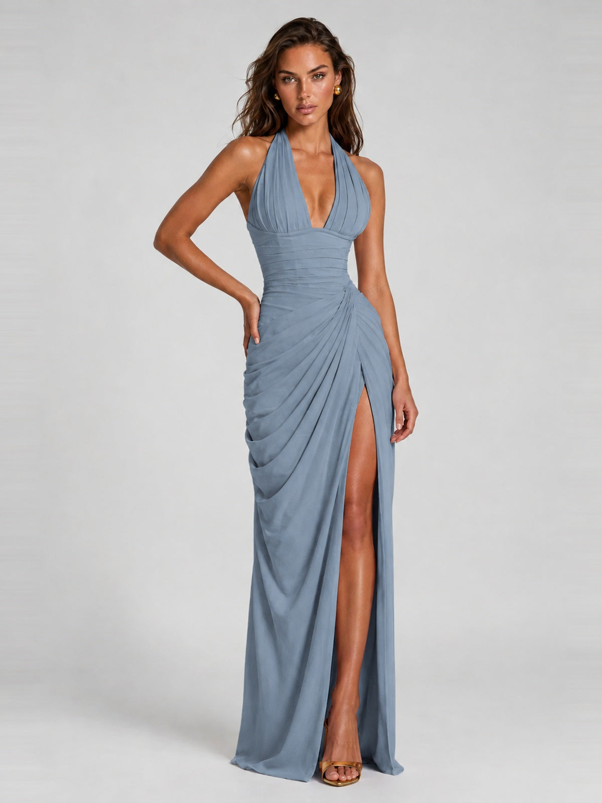 Ruched Halter Neck High-Slit Prom & Evening Dress