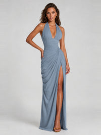 Ruched Halter Neck High-Slit Prom & Evening Dress