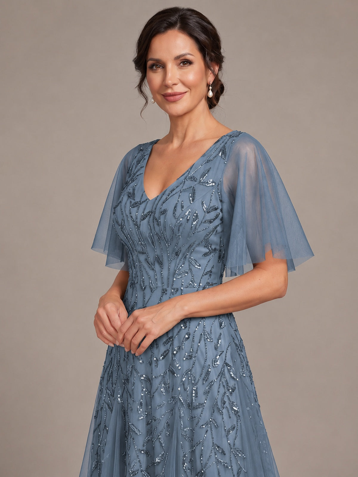 V-Neck Sequin Tulle Mother of the Bride Dress with Flutter Sleeve