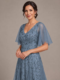 V-Neck Sequin Tulle Mother of the Bride Dress with Flutter Sleeve