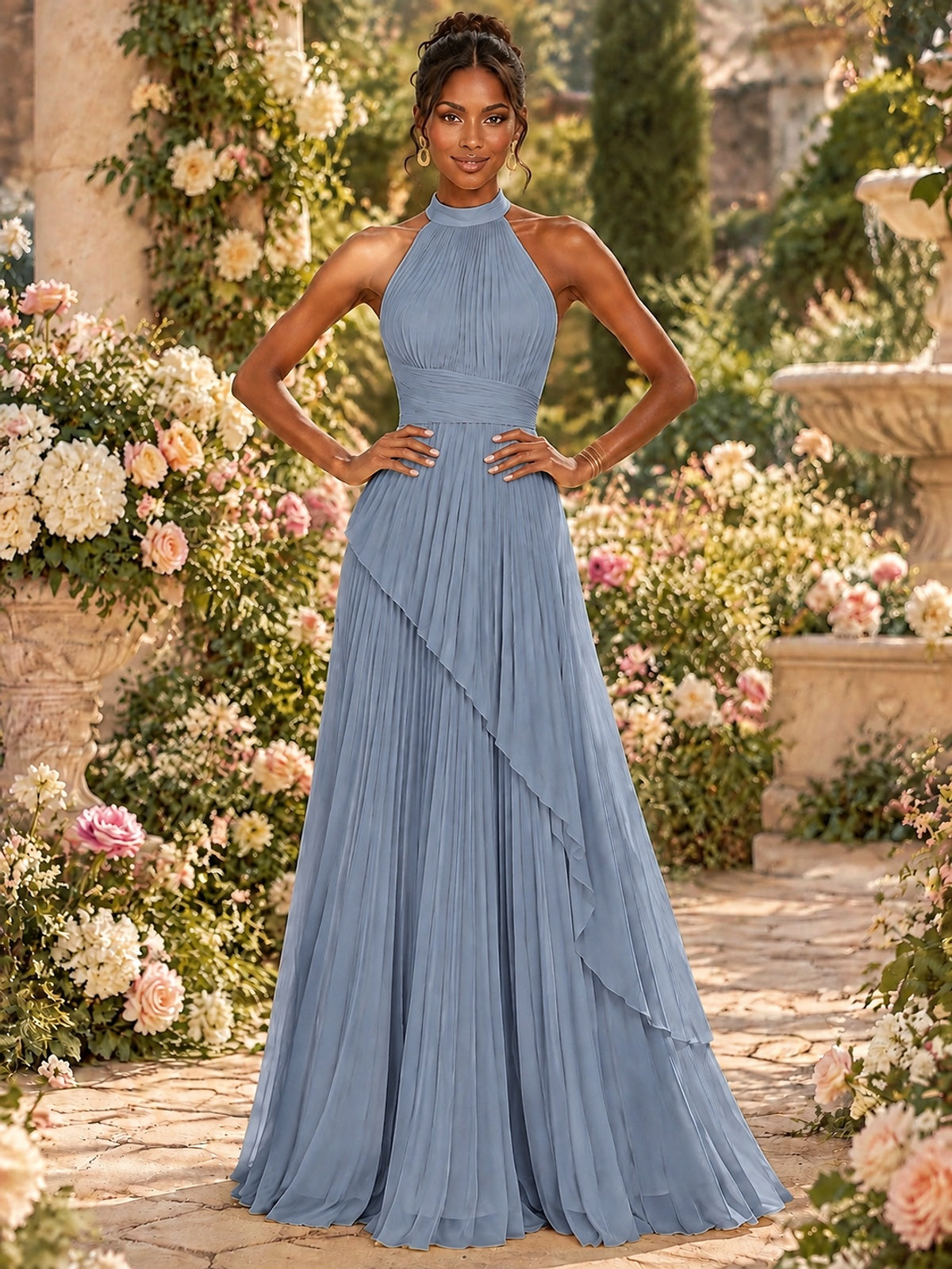 Wrap Pleated Prom Dress Halter A-line Chiffon Formal Wedding Dress