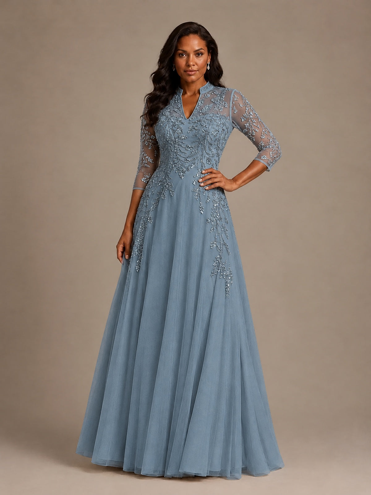 Embellished Appliques Mother of the Bride Dress with 3/4 Sleeves