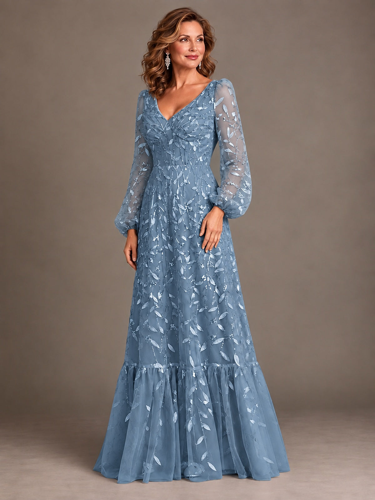 Floral Sequin Embroidered A-Line Mother of the Bride Dress with Long Sleeves