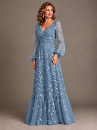 Floral Sequin Embroidered A-Line Mother of the Bride Dress with Long Sleeves