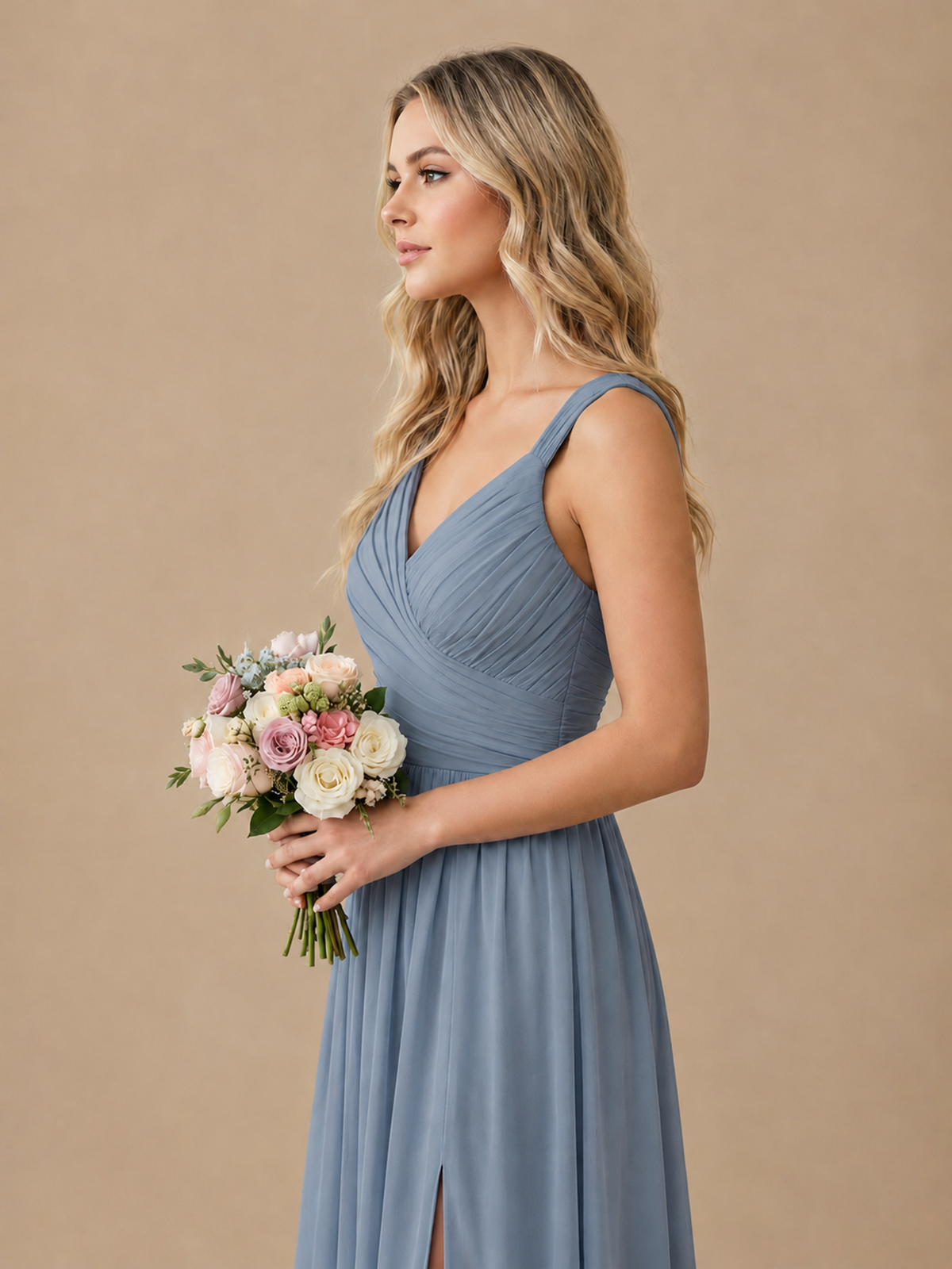 Pleated Chiffon V Neck Wedding Bridesmaid Dresses Floor Length with Slit