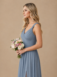 Pleated Chiffon V Neck Wedding Bridesmaid Dresses Floor Length with Slit