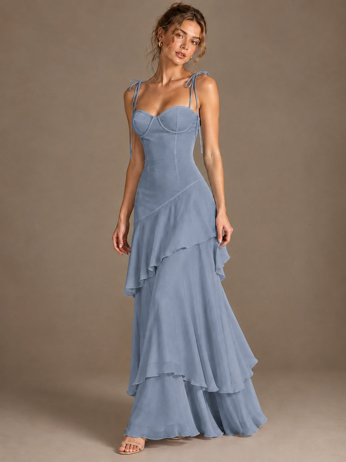 Spaghetti Strap Tiered Ruffles Chiffon Prom Dress