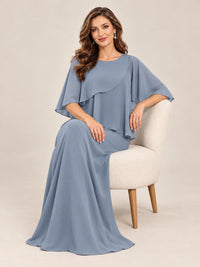 Cape Sleeve Mother of the Bride Dress with Asymmetrical Overlay
