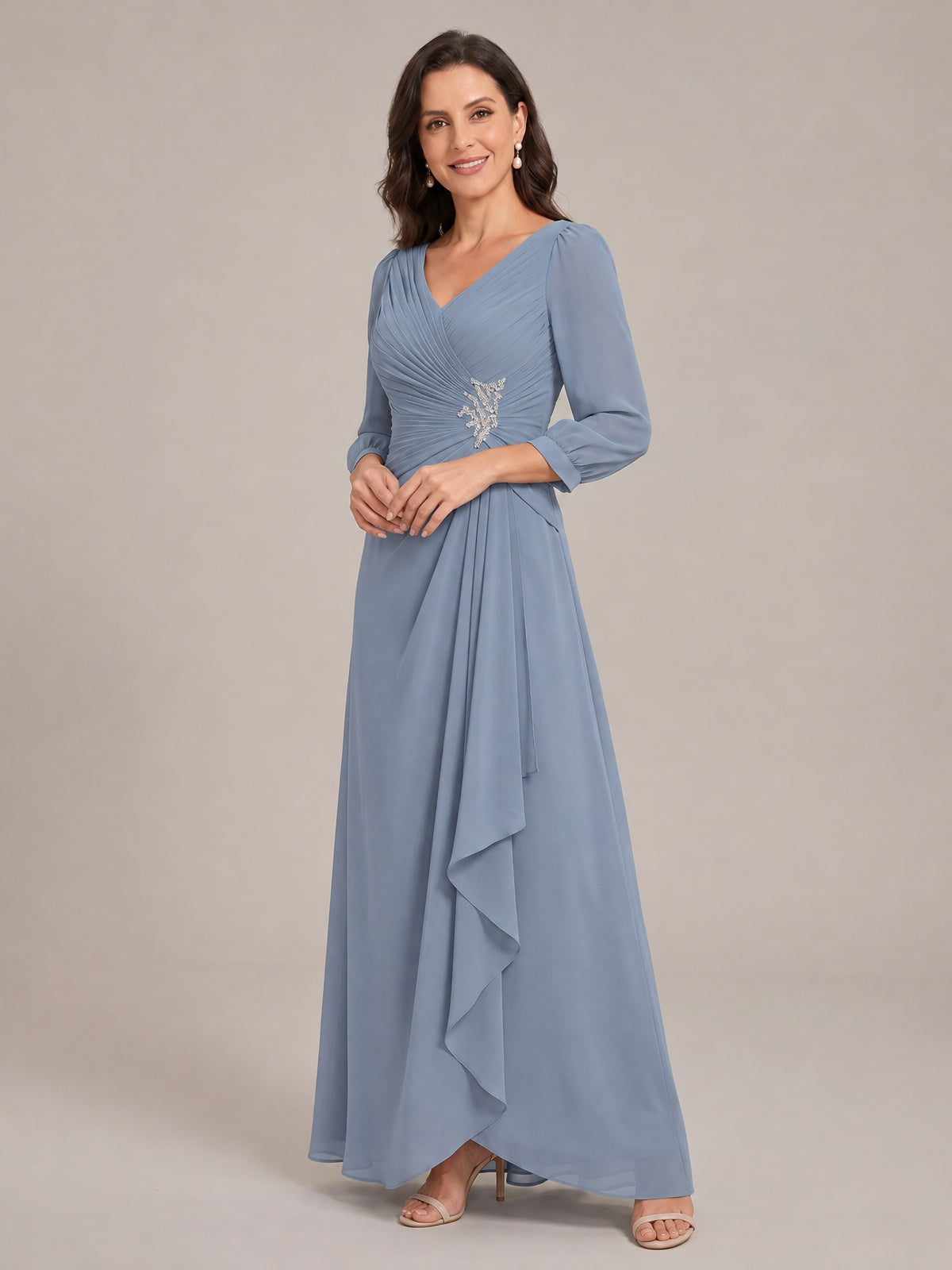 V-Neck Pleated Chiffon Mother of the Bride Dress with Flutter Sleeves