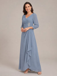 V-Neck Pleated Chiffon Mother of the Bride Dress with Flutter Sleeves