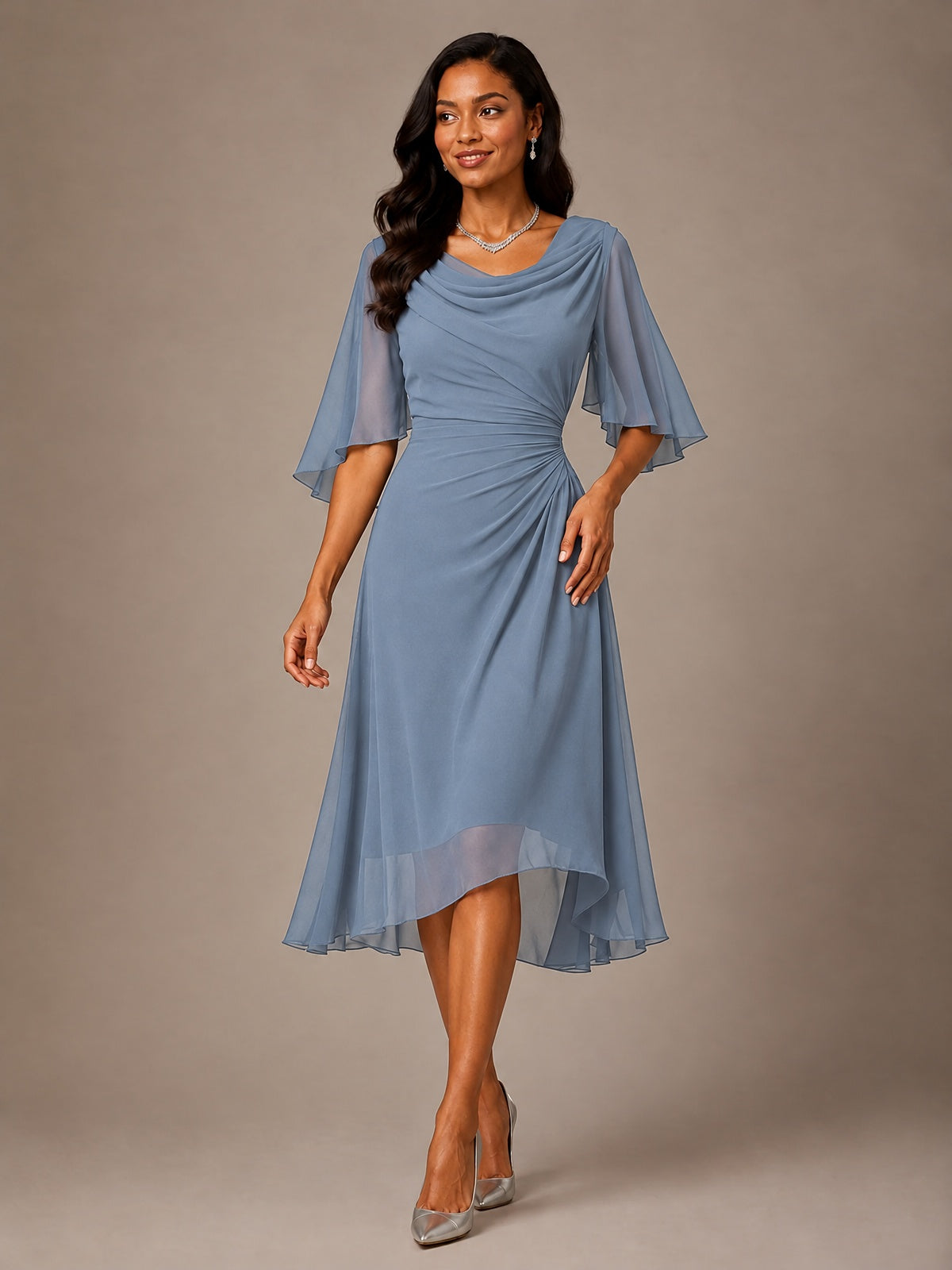 Cowl Neck Ruched Chiffon Mother of the Bride Dresses with Flutter Sleeves