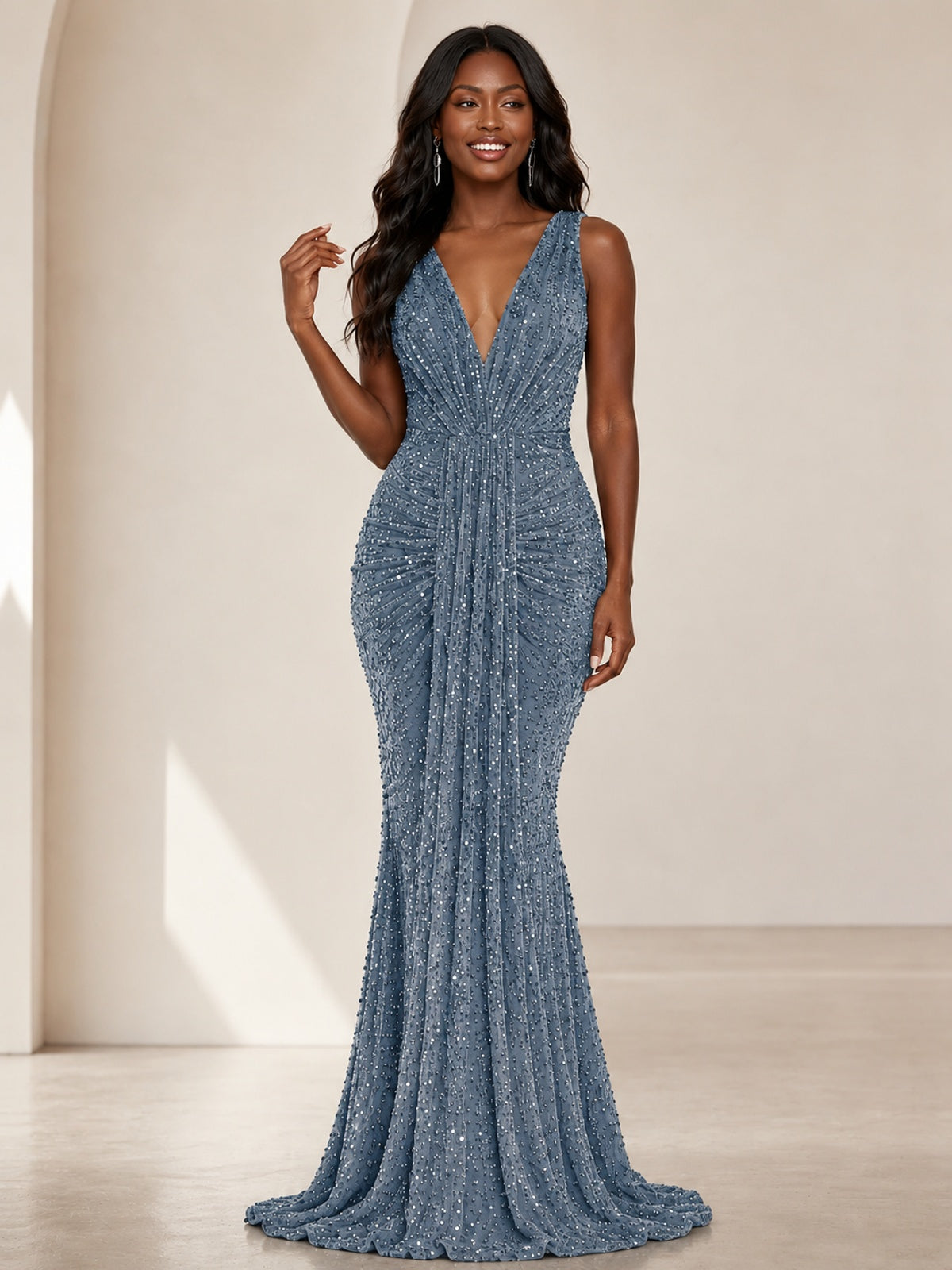 Sequin Mermaid Prom Dress with V-Neck and Ruched Waist