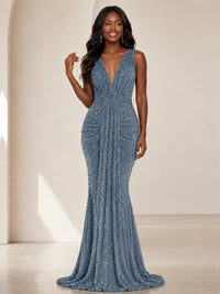 Sequin Mermaid Prom Dress with V-Neck and Ruched Waist