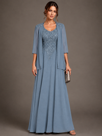 A-line 2 Pieces Chiffon Appliques Mother of The Bride Dresses with Jackets