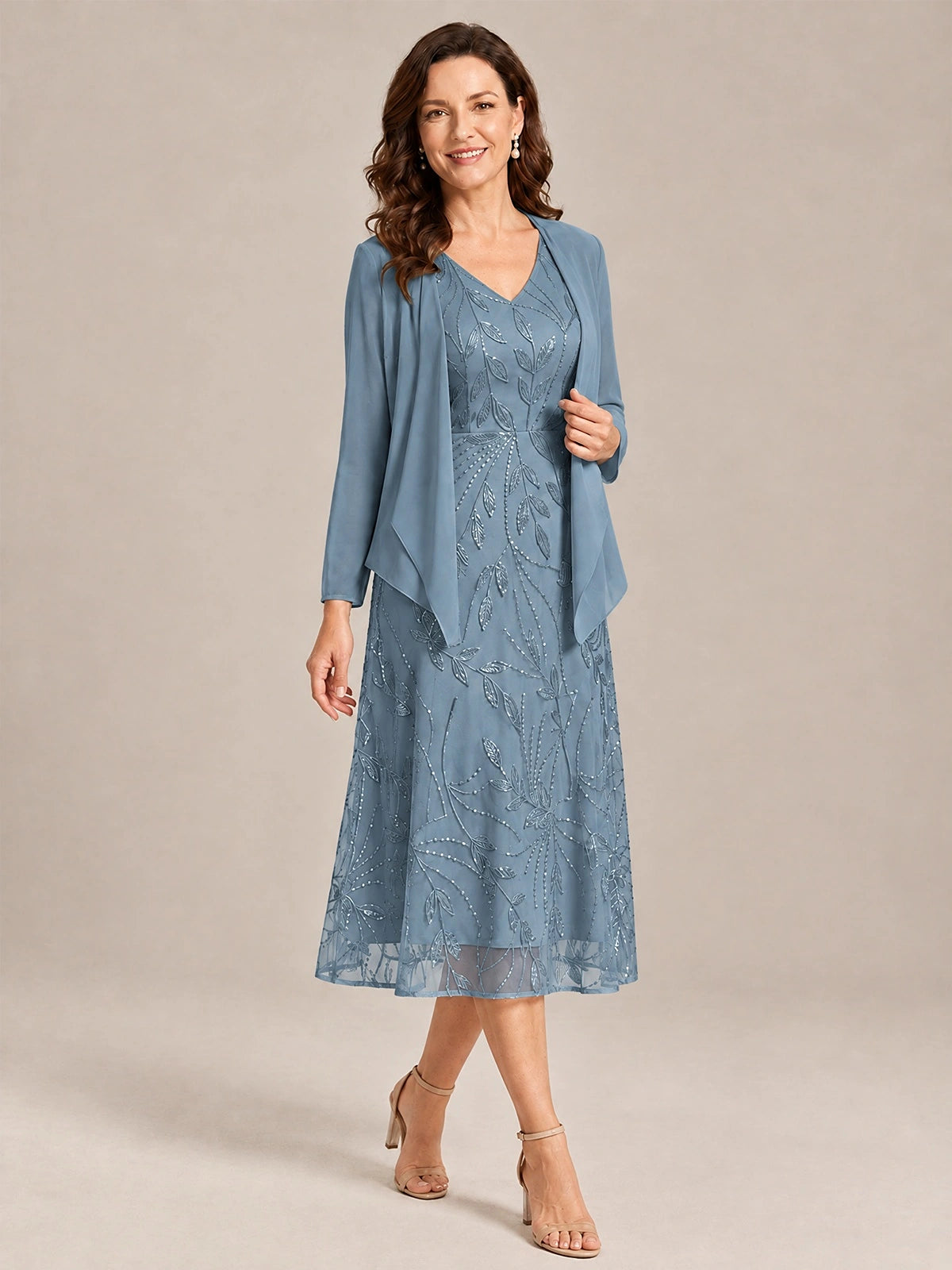 Tea Length Sequin Lace Mother of the Bride Dress with Chiffon Jacket