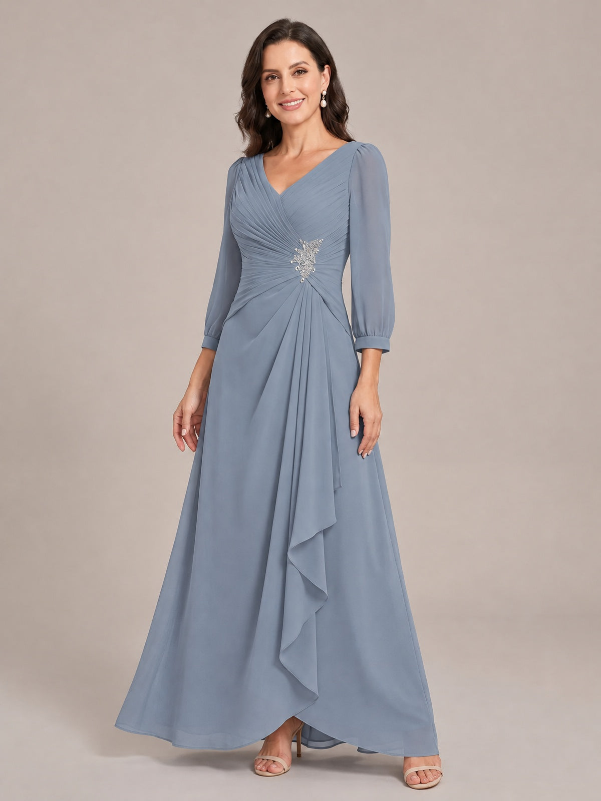 V-Neck Pleated Chiffon Mother of the Bride Dress with Flutter Sleeves