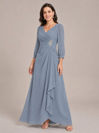 V-Neck Pleated Chiffon Mother of the Bride Dress with Flutter Sleeves