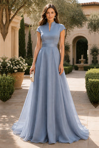 V Neck Cap Sleeve A-Line Floor-Length Satin Bridesmaid Dress