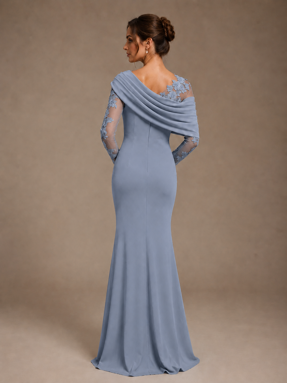 Dusty Rose Illusion Long Sleeve Chiffon Applique Mother of The Bride Dress
