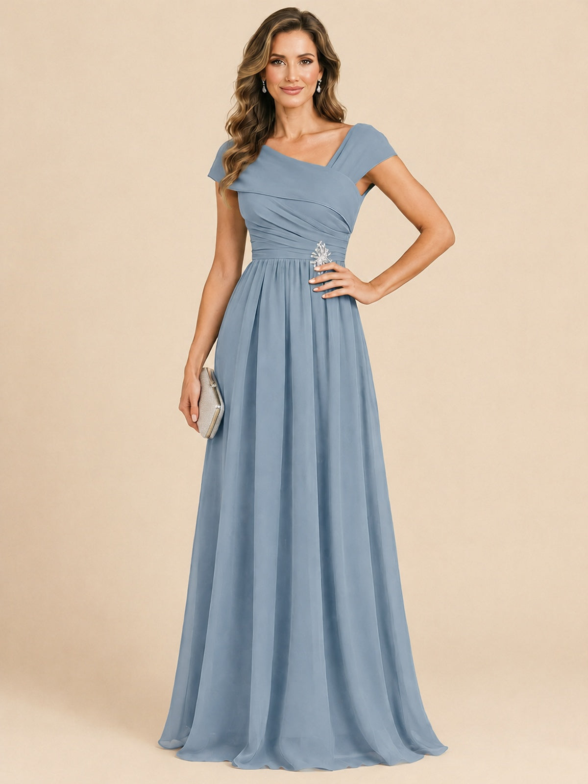 Cap Sleeve Mother of The Bride Dresses Long Chiffon Formal Gowns