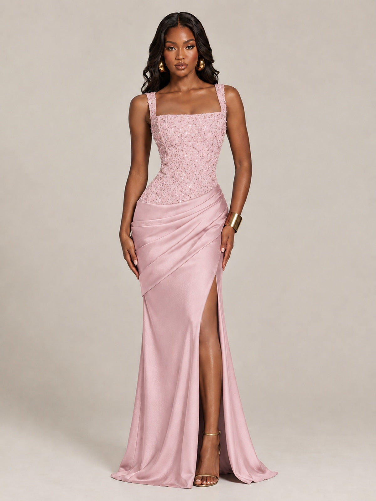Scoop Neck Sequin Prom Dress with High Slit Satin Formal Gowns