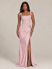 Scoop Neck Sequin Prom Dress with High Slit Satin Formal Gowns