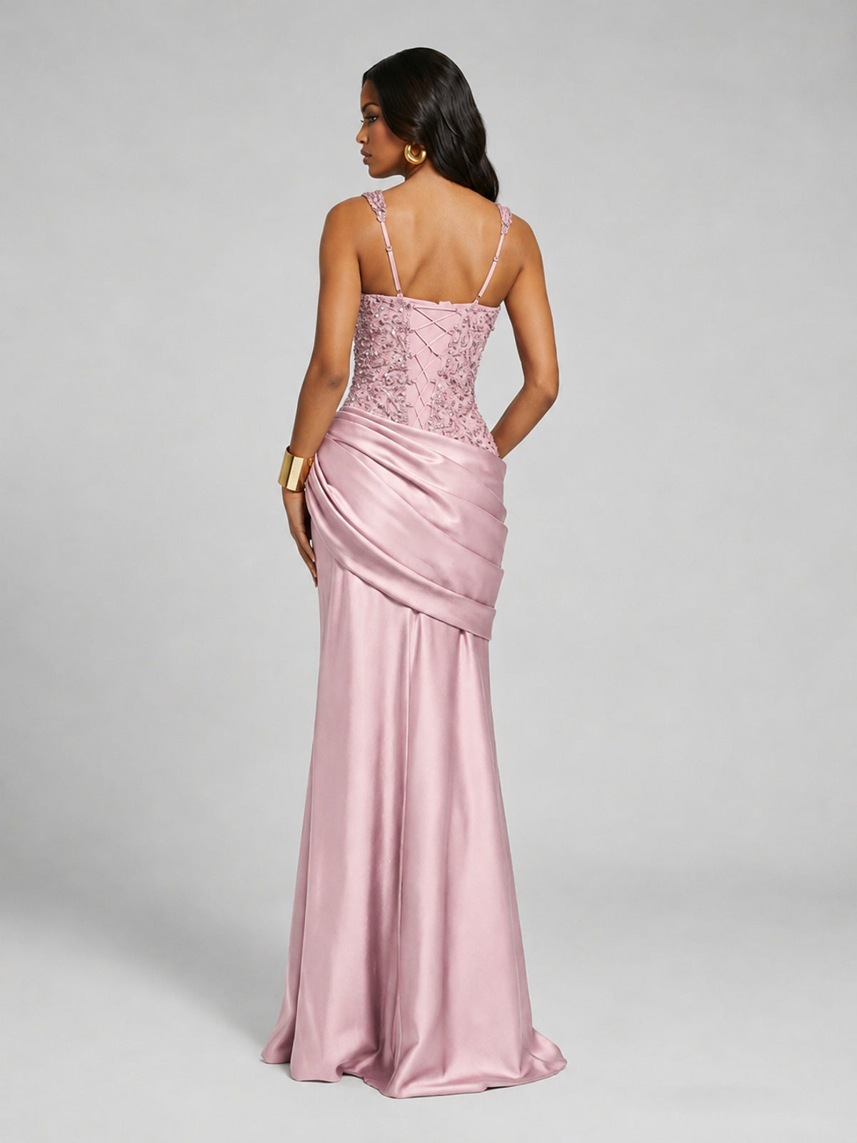 Scoop Neck Sequin Prom Dress with High Slit Satin Formal Gowns