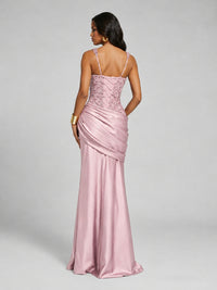 Scoop Neck Sequin Prom Dress with High Slit Satin Formal Gowns
