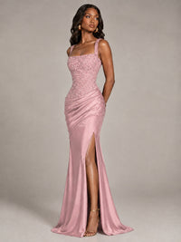 Scoop Neck Sequin Prom Dress with High Slit Satin Formal Gowns