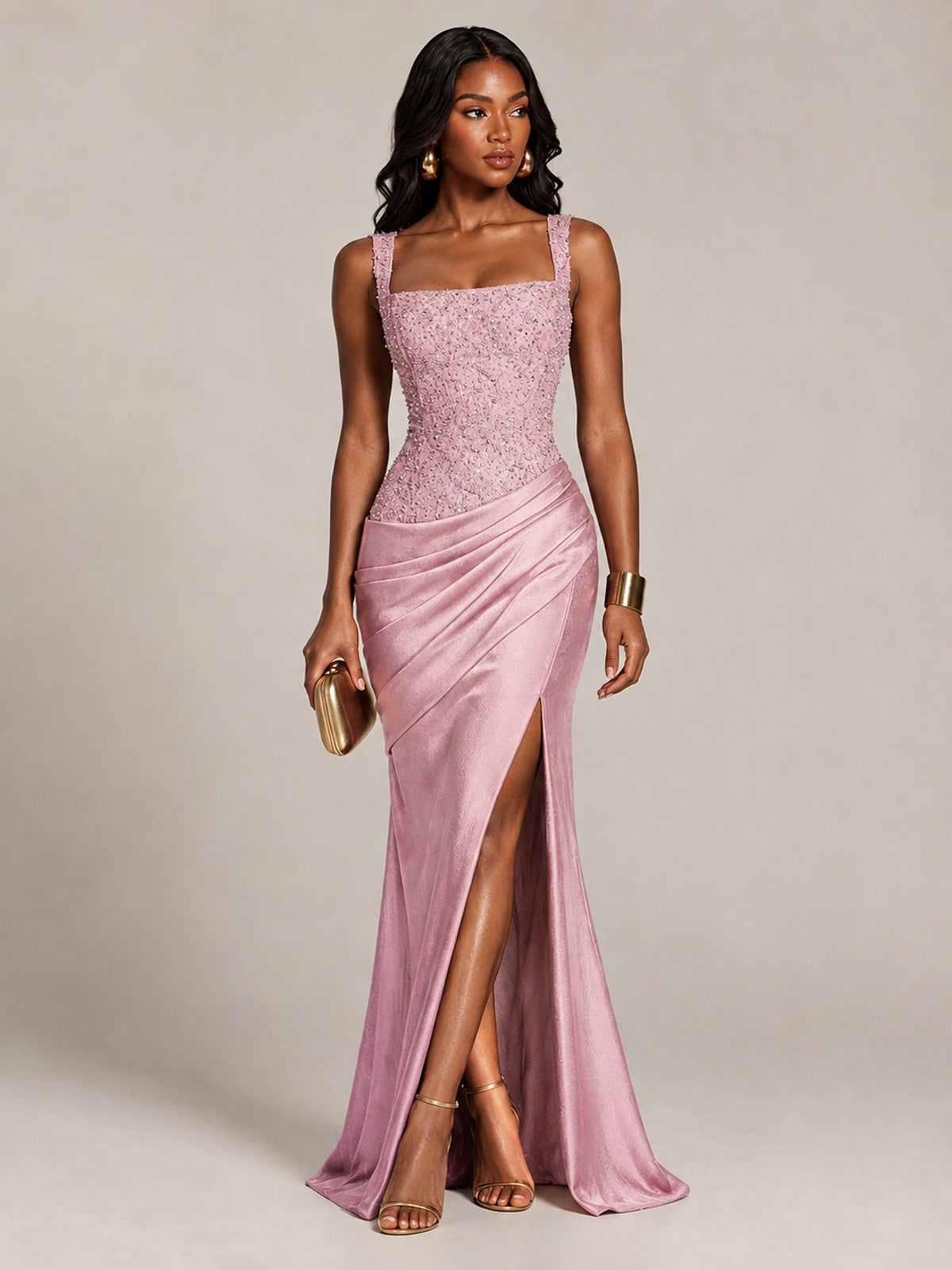Scoop Neck Sequin Prom Dress with High Slit Satin Formal Gowns