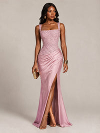 Scoop Neck Sequin Prom Dress with High Slit Satin Formal Gowns