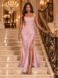 Scoop Neck Sequin Prom Dress with High Slit Satin Formal Gowns