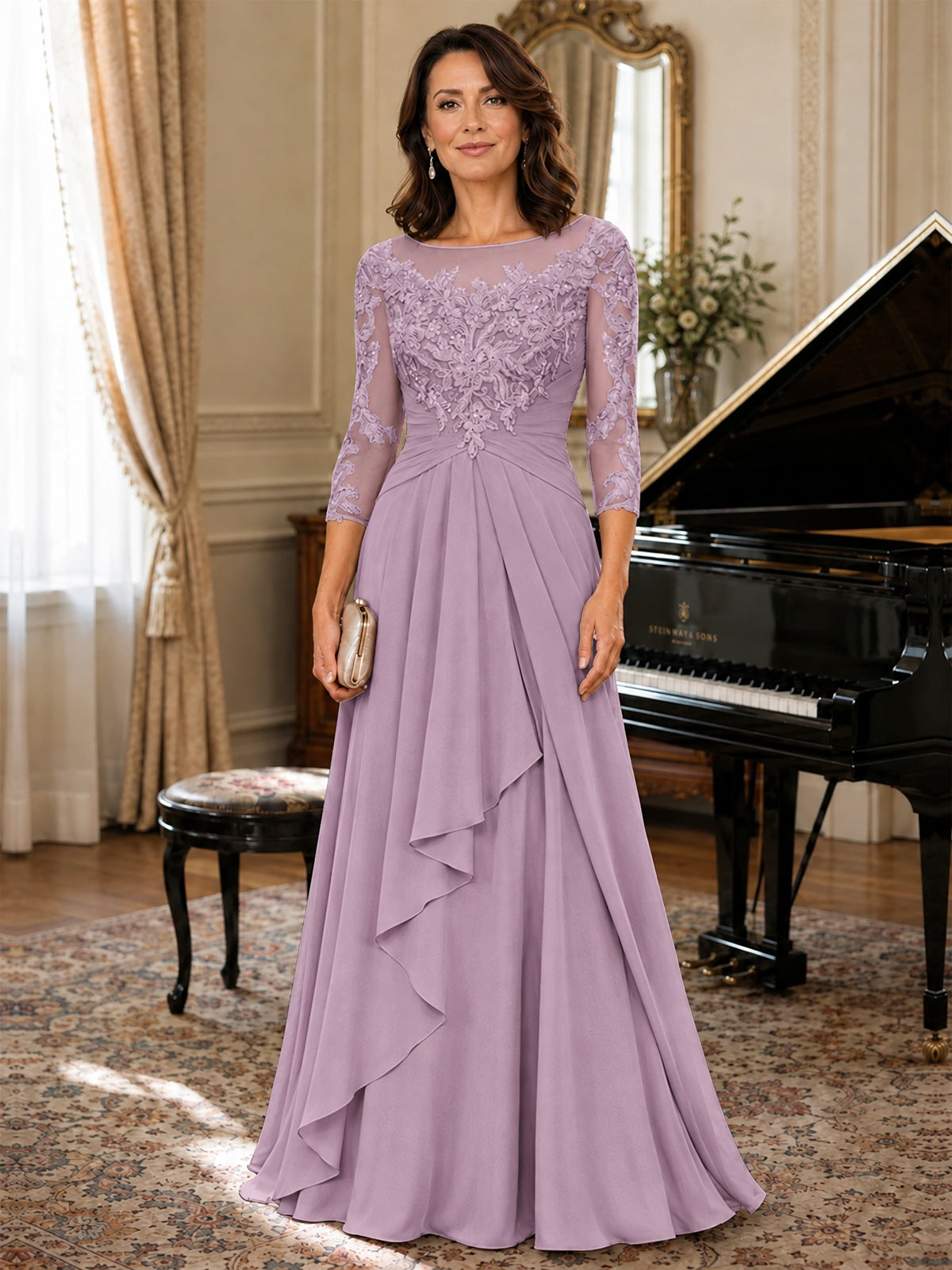 A-Line Chiffon Mother of the Bride Dress with Floral Applique 3/4 Sleeves