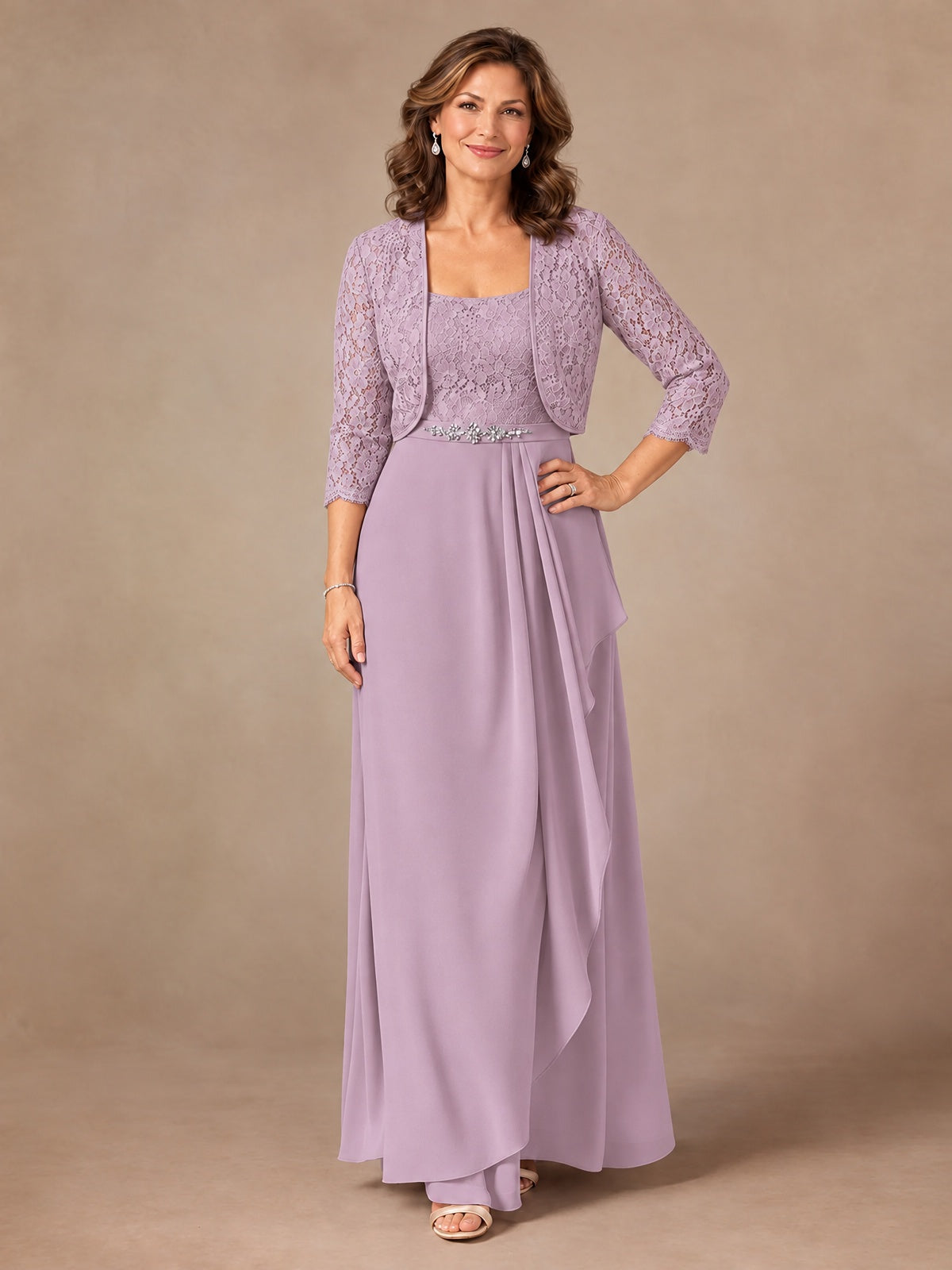 Blush Pink A-Line Mother of the Bride Dress with Lace Jacket and Ruffles