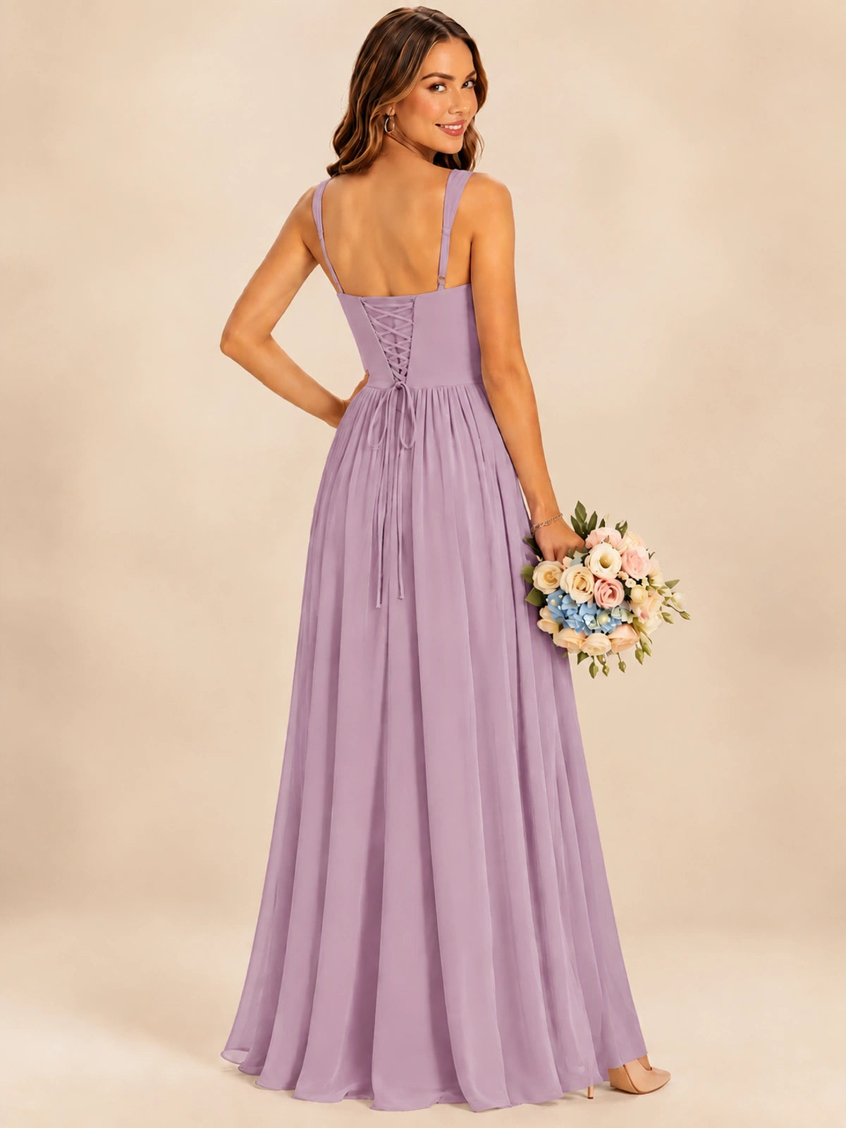 Spaghetti Straps Pleated Chiffon Bridesmaid Dress with Ruffle Slit