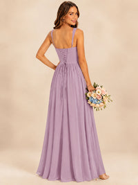 Spaghetti Straps Pleated Chiffon Bridesmaid Dress with Ruffle Slit