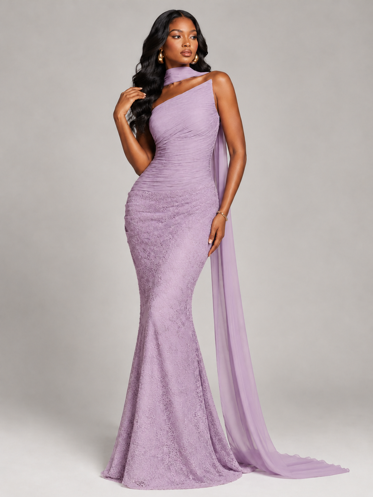 Pleated Chiffon Lace Prom Dresses Long Bodycon Mermaid with Scarf