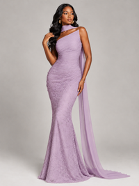 Pleated Chiffon Lace Prom Dresses Long Bodycon Mermaid with Scarf