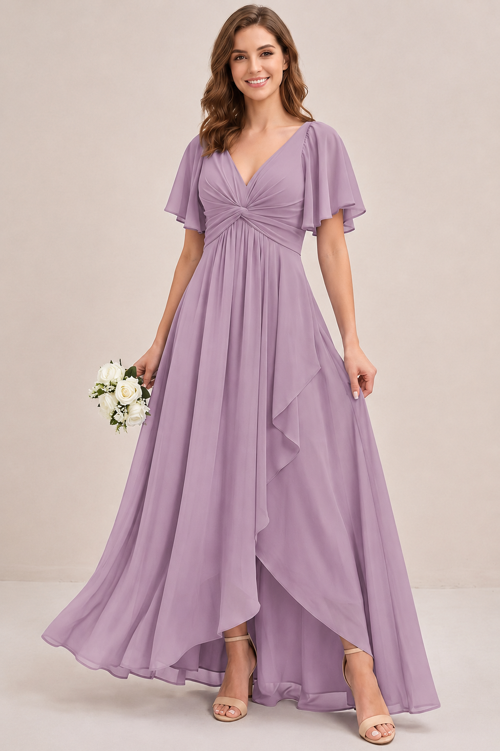 Dusty Blue Chiffon Bridesmaid Dress with Flutter Sleeves & High-Low Hem