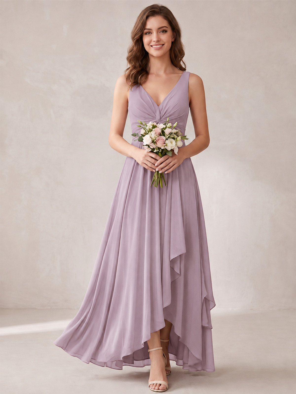V-Neck High-Low Chiffon Bridesmaid Dress with Ruffles