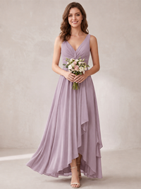 V-Neck High-Low Chiffon Bridesmaid Dress with Ruffles
