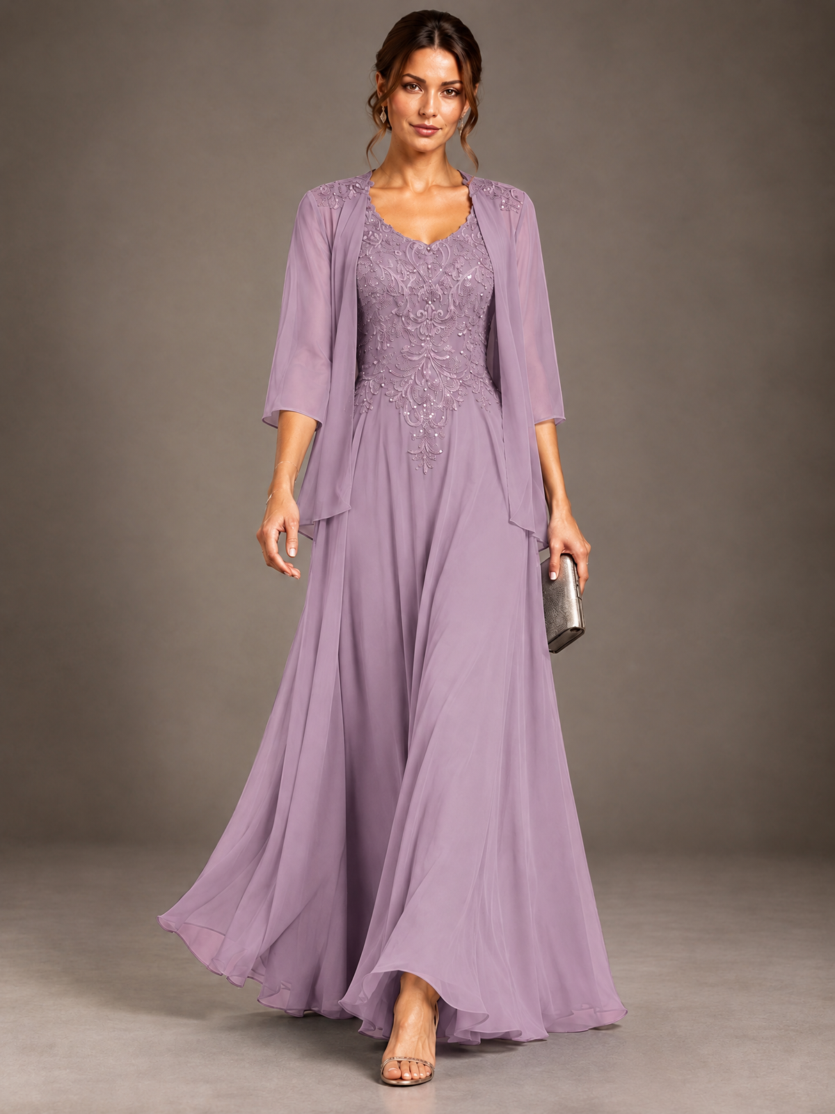 A-line 2 Pieces Chiffon Appliques Mother of The Bride Dresses with Jackets