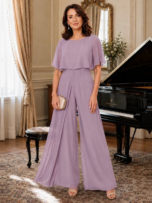 Chiffon Mother of the Bride Jumpsuit with Layered Cape Sleeves